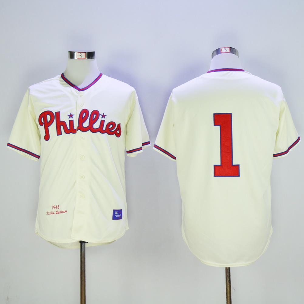 Men Philadelphia Phillies #1 Ashburn Cream Throwback MLB Jerseys